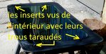 Coté interne de la vitre on aperçoit l’extrémité cylindrique de chaque insert. <br /> <br />Leurs extrémités dépassent pour s’emboiter  dans les 4 trous prévus sur les 2 supports mobiles afin de  positionner la vitre. Leur  partie centrale est taraudée pour accueillir les 4 vis de fixation.